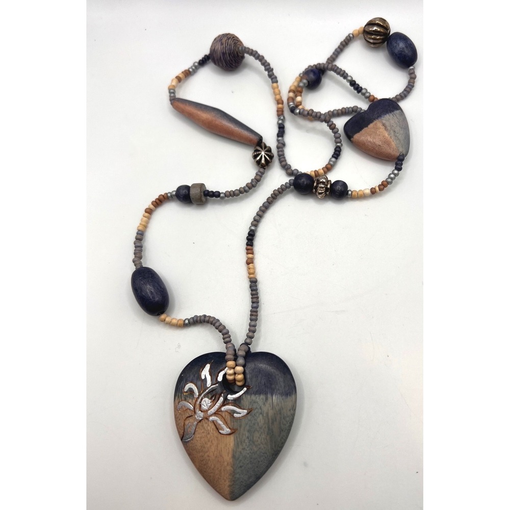 Boho Heart Pendant Necklace 32" Wood Beaded Long Statement‎ - Picture 2 of 8